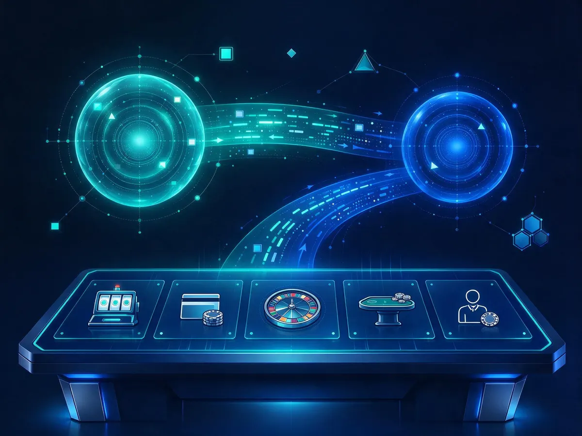 Illustration of two AI agents exchanging player data above a casino operations dashboard
