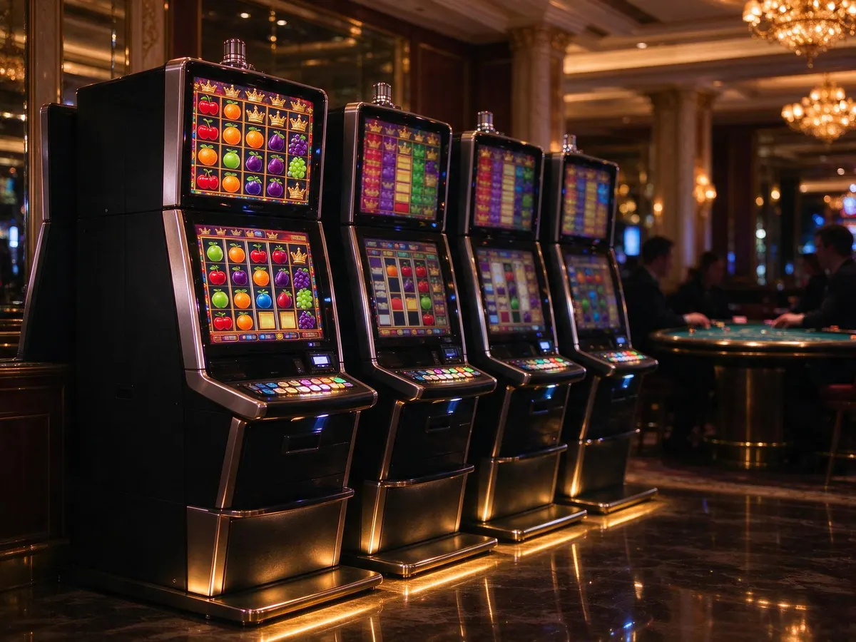 Modern slot machine cabinets on a casino floor representing Amusnet's land-based expansion in Greece