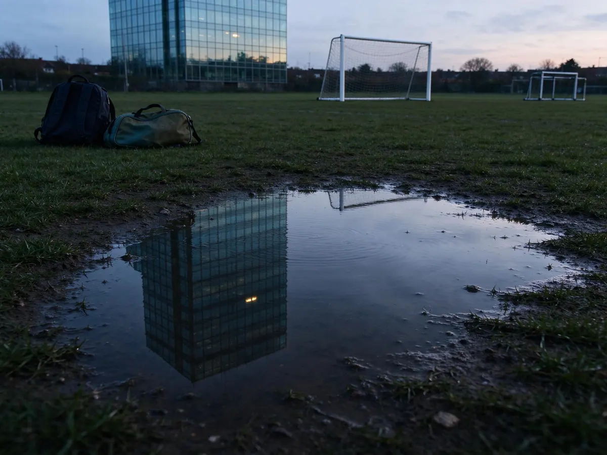 Grassroots football pitch with a corporate office tower reflected behind it, illustrating iGaming operator community funding