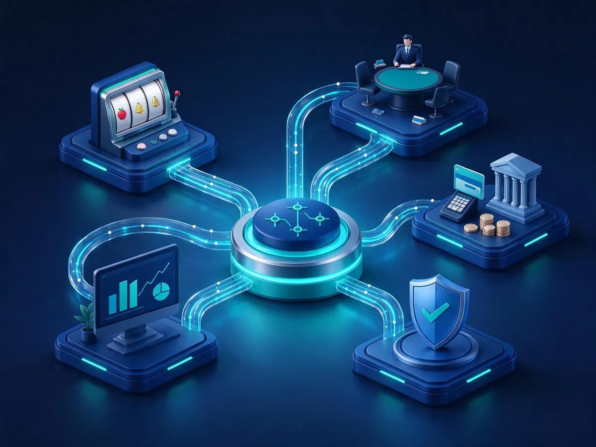 Diagram-style illustration of a casino aggregation platform hub connecting games, payments, analytics and compliance