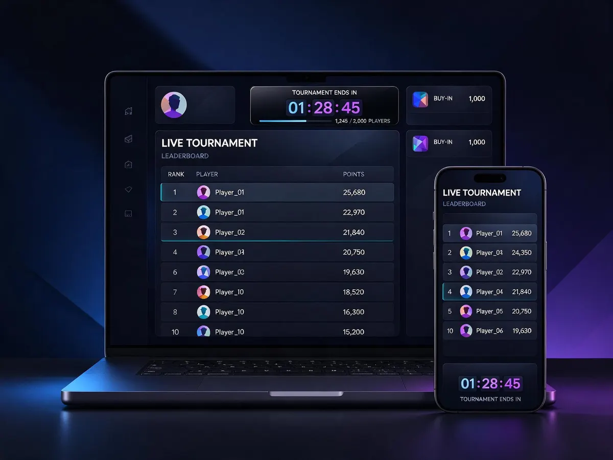 Online casino tournament leaderboard with player rankings and countdown timer on laptop and phone screens