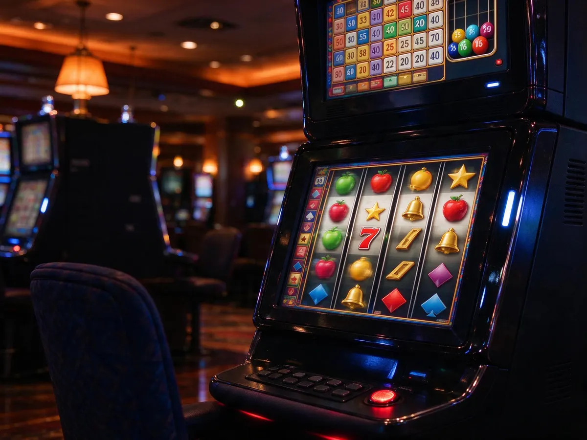 Electronic gaming machine showing reel symbols with a small bingo card panel in the corner, typical of a Class II machine