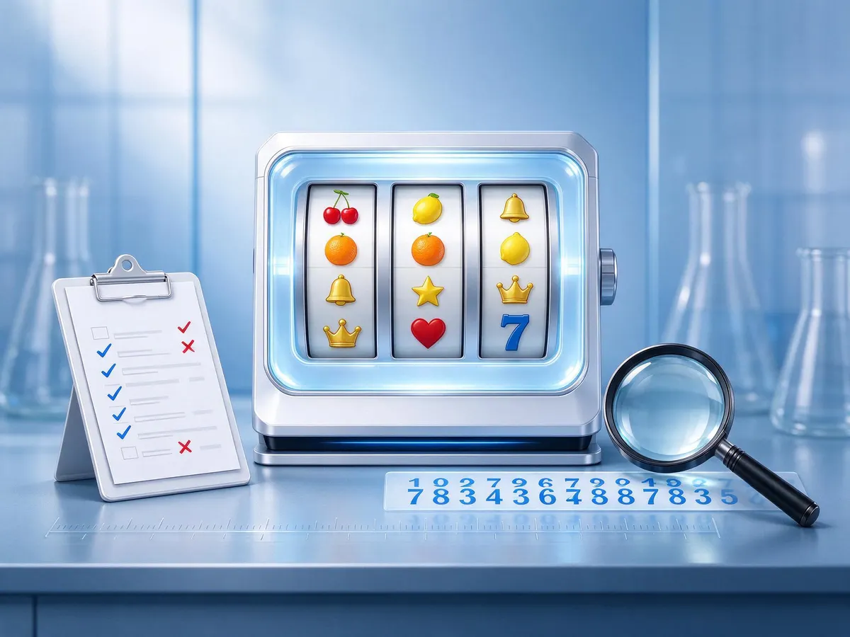 Illustration of a slot game being tested in a laboratory with a certification report