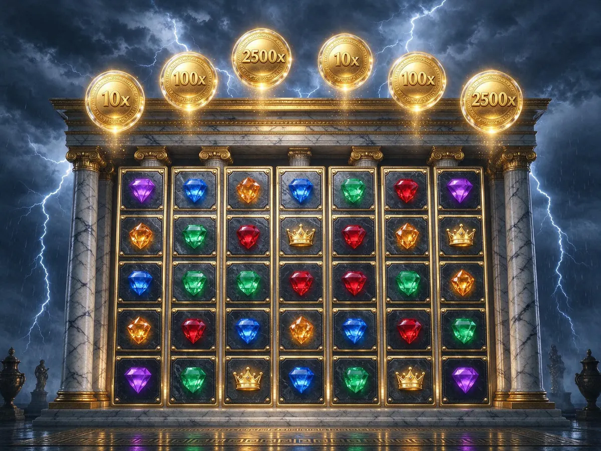 Illustration of a 6x5 Greek mythology slot grid with floating golden multiplier orbs