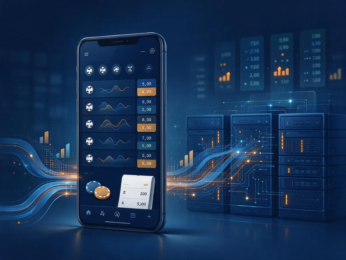 Illustration of a sportsbook app connected to odds feeds and servers behind the scenes