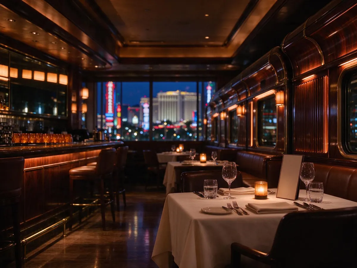 Interior of an upscale Las Vegas casino resort restaurant with train-car inspired booths and a lit bar