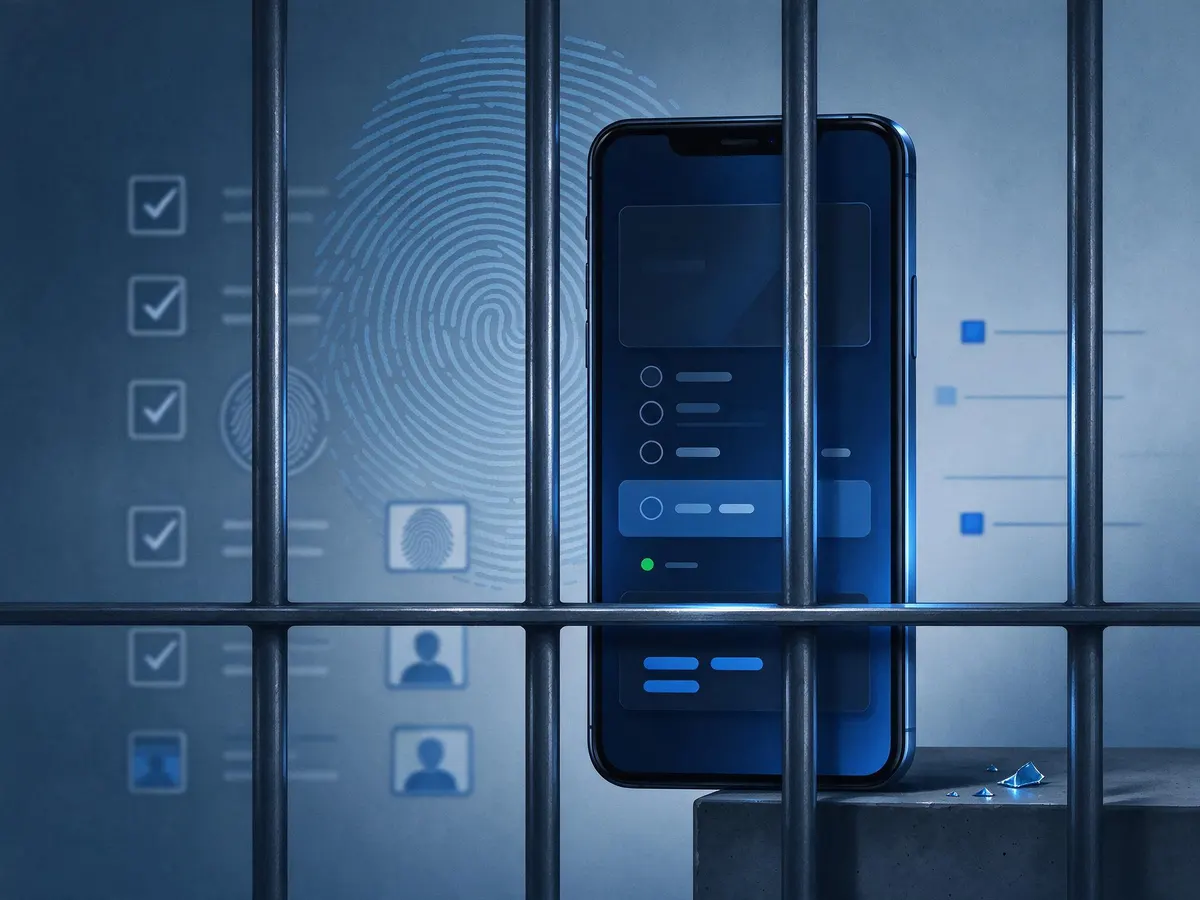 Smartphone with a sports bet slip behind bars, overlaid with identity verification icons
