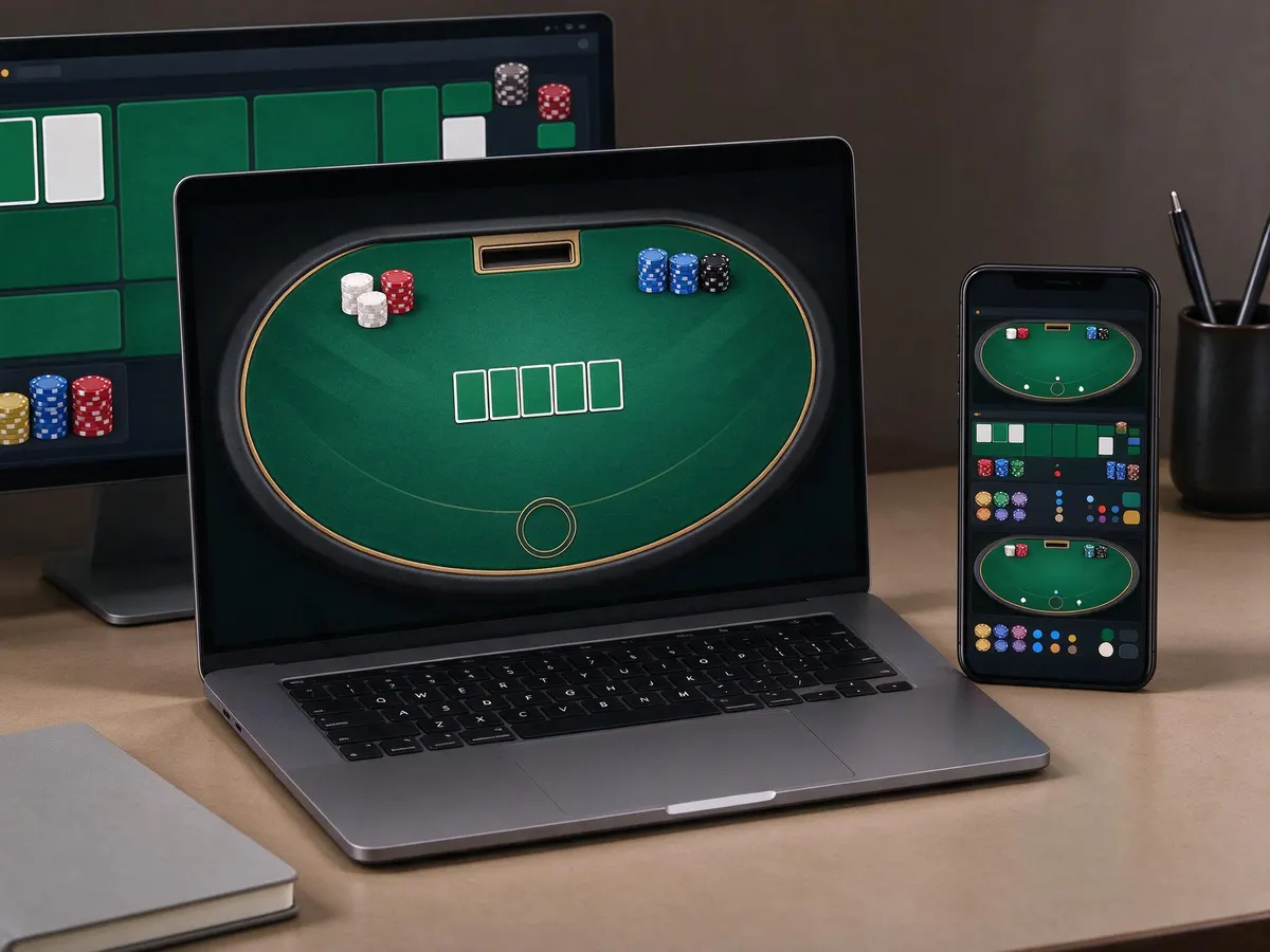 Online poker platform interface displayed on a laptop and mobile phone with a multi-table lobby