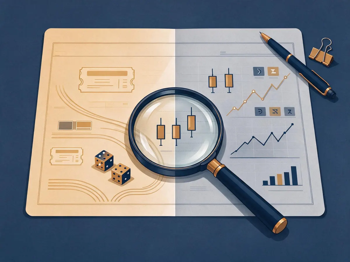 Tax form split between gambling symbols and stock charts, representing the prediction market tax classification debate