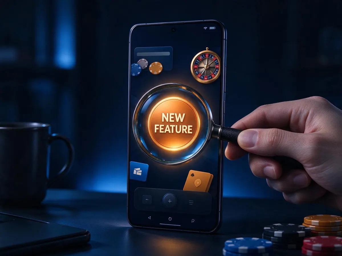 Magnifying glass examining a 'new feature' badge on an online casino app interface