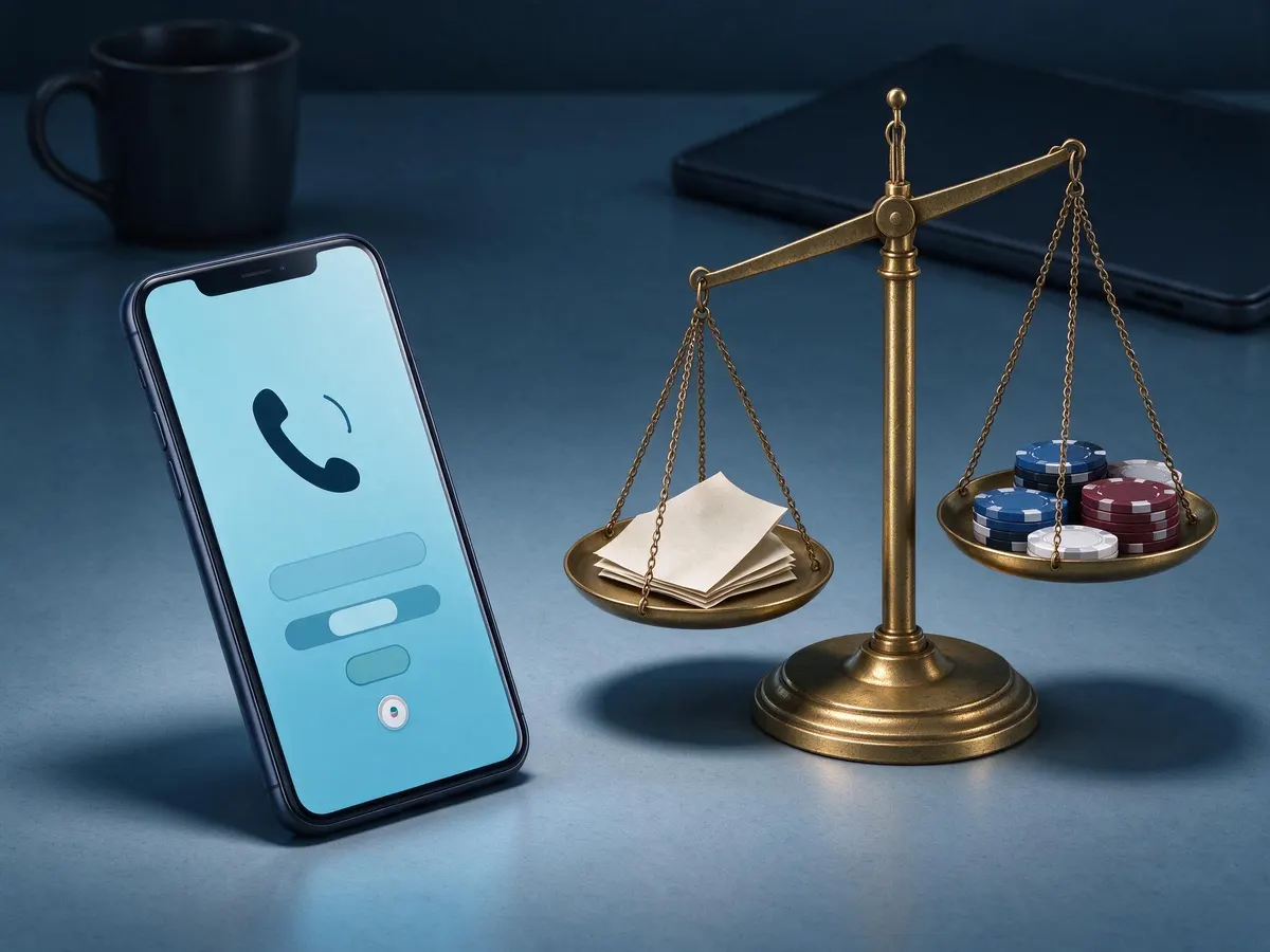 Illustration of a helpline on a phone screen next to unbalanced scales holding casino chips and a document file