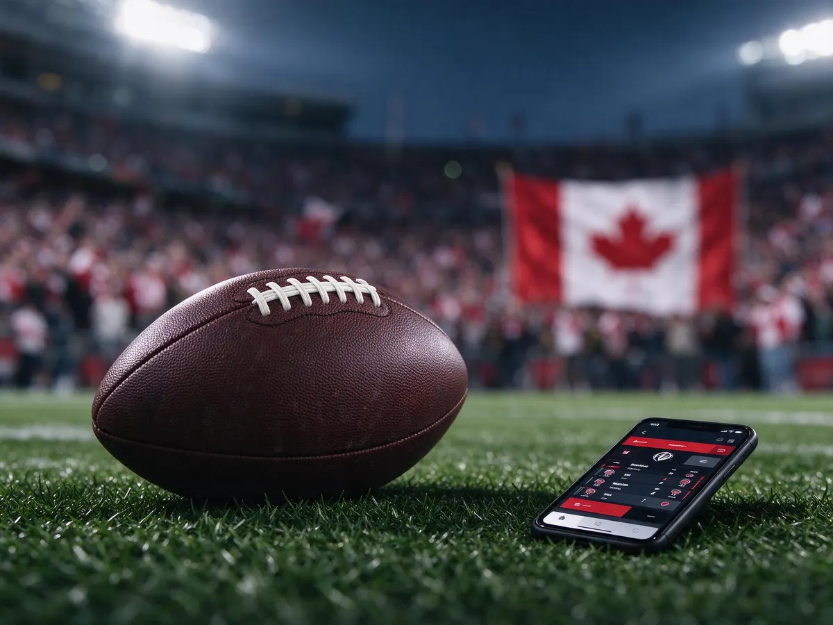 Football on stadium turf next to a smartphone, illustrating a sportsbook league partnership in Canada