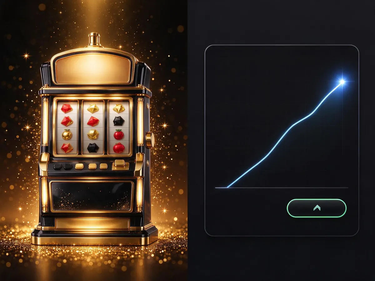 A richly rendered slot machine beside a minimal crash game interface showing a rising multiplier