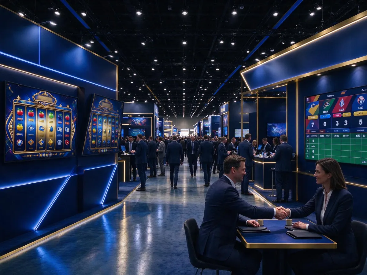 Business meeting at a busy iGaming industry exhibition stand